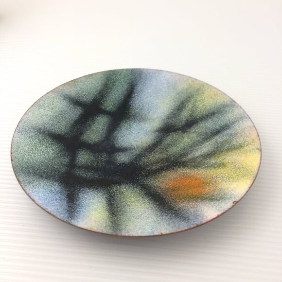 Vintage 1970 Enamel on Copper Handmade Signed Plate Dish Wall Art Landscape - Picture 2 of 10